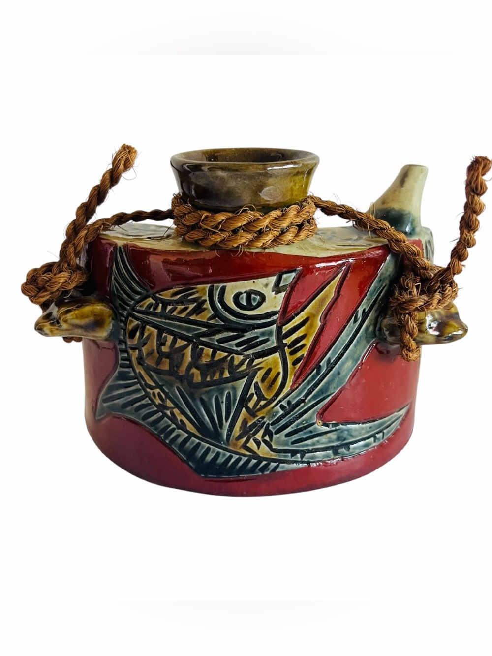 Vintage Japanese Tsuboya Ceramic Okinawan Pottery Hip Signed Fish Design Flask